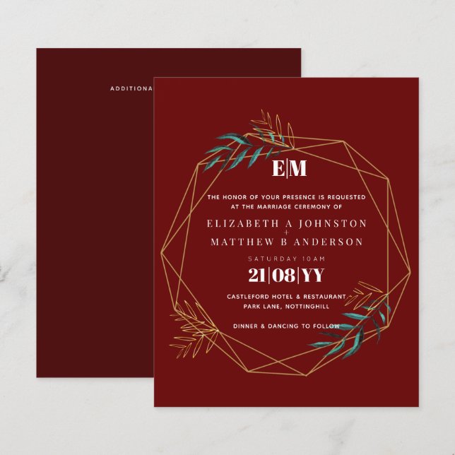 Bjuda in Burgundy Red Guld Geometric Wedding bjuda (Fram/baksida)