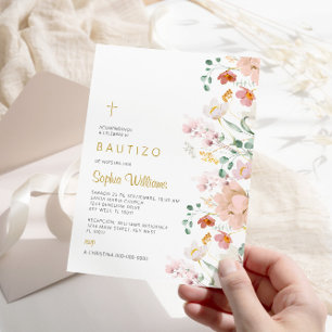 bjuda in de Rosa Flores Silvestres para Bautizo Inbjudningar