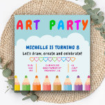 Bjuda in färg-pennor Kids Art Party-födelsedagsinb Inbjudningar<br><div class="desc">Förbluffa dina gäster med den här färgfulla födelsedagsfest inbjudan som har söta regnbåge med färgpennor med vibrerande typografi. Lägg bara till din händelseinformation i den här mallen som är enkel att använda för att göra den till en inbjudan av typen en. Vänd över kortet för att visa ett färgstarkt rand...</div>