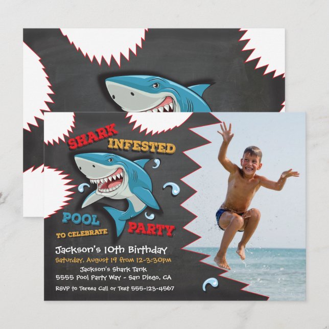 Bjuda in från partiet Shark Birthday Swimming Bass Inbjudningar (Fram/baksida)