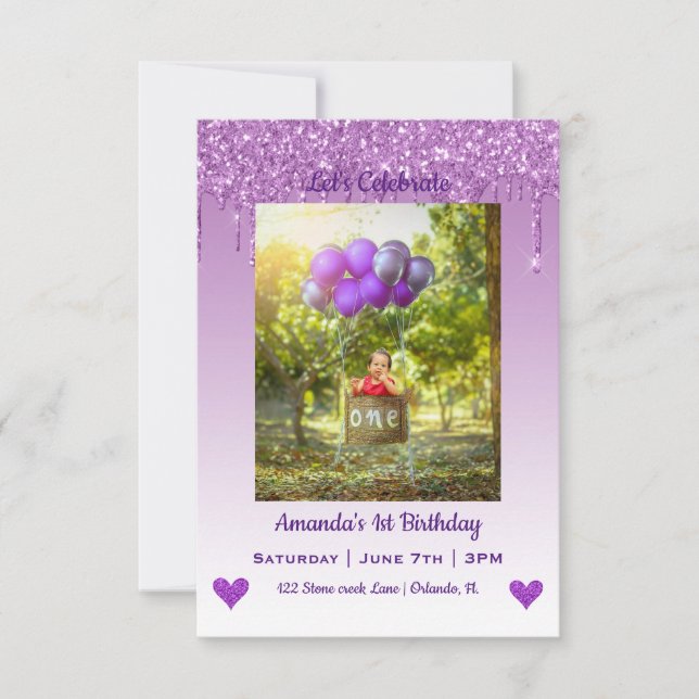 Bjuda in Glitter Hearts Birthday-inbjudan Inbjudningar (Framsida)