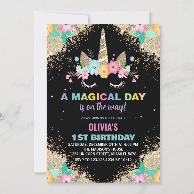 Bjuda in glitter Unicorn-födelsedagar Inbjudningar (Framsida)