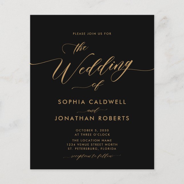 Bjuda in Guld-kallelse för svart bröllop (Framsida)