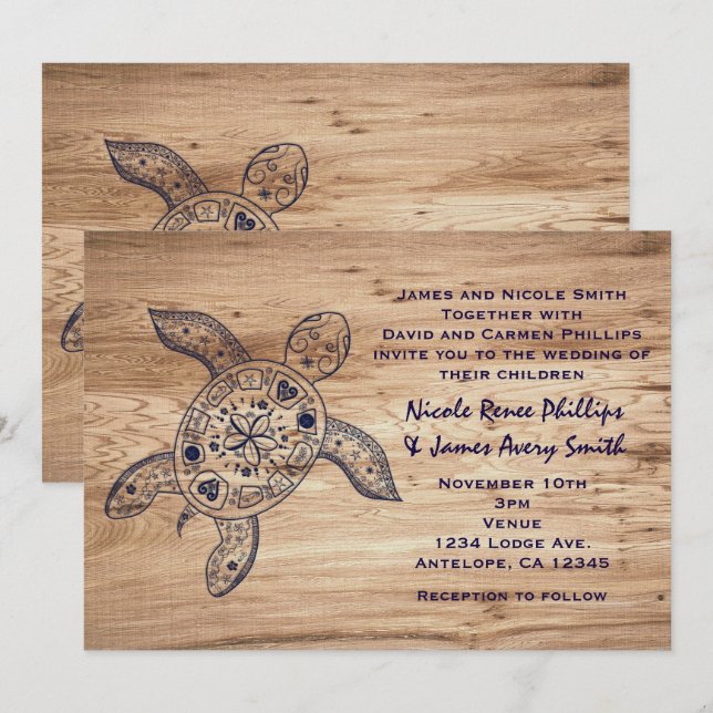 Bjuda in hawaiian Turtle & Light Wood Wedding-inbj Inbjudningar (Fram/baksida)
