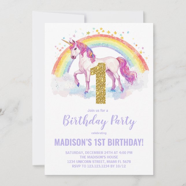 Bjuda in på födelsedagen för Rainbow Unicorn Inbjudningar (Framsida)