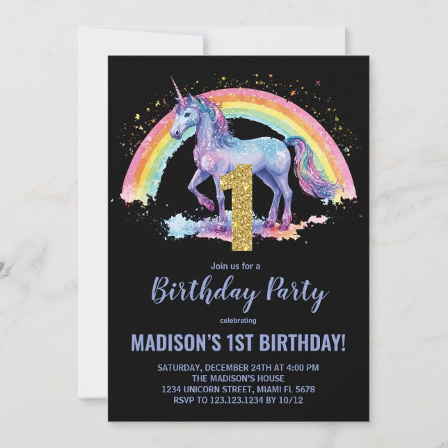 Bjuda in på födelsedagen för Rainbow Unicorn Inbjudningar (Framsida)