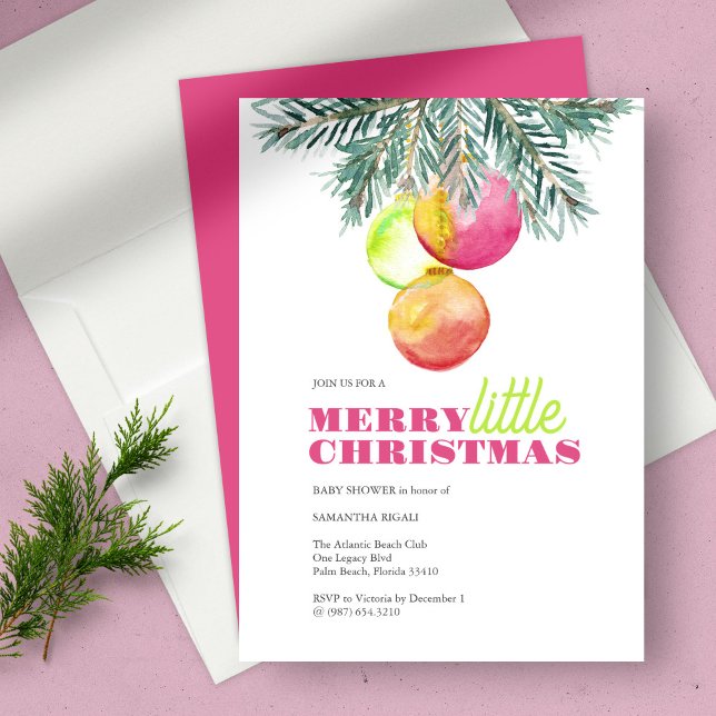 Bjuda in Party-babyskor till jul Inbjudningar (Christmas theme baby shower bright pink and green color 2023 watercolor art by Victoria Grigaliunas)