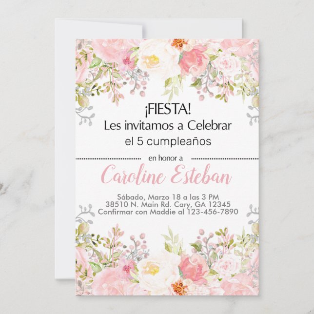 Bjuda in rosa  blommigt blommor flicka niña. inbjudningar (Framsida)