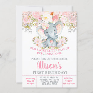 Bjuda in Rosa elephant och blommor Flickfödelsedag Inbjudningar
