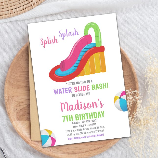 Bjuda in Rosa-Vatten-bilder på födelsedagar Inbjudningar (White Pink Water Slide Birthday Invitations)