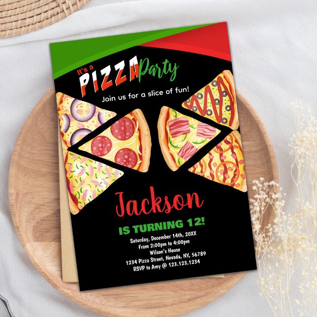 Bjuda in vit röd Grönt Pizza-födelsedagsbjudanden Inbjudningar (White Red Green Pizza Birthday Invitations)