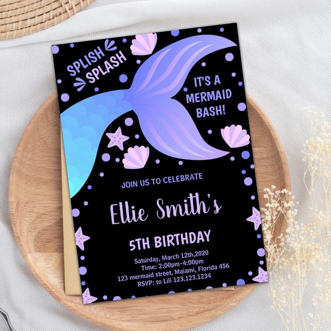 Bjuda inbjudningar till Sjöjungfrun Black Lila Blu (Black Purple Blue Tail Shell Mermaid Invitations)