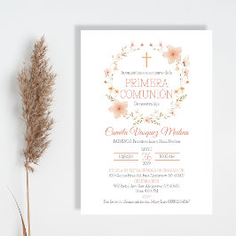 Bjuda Rosa Flowers Elegant First Communion Inbjudningar