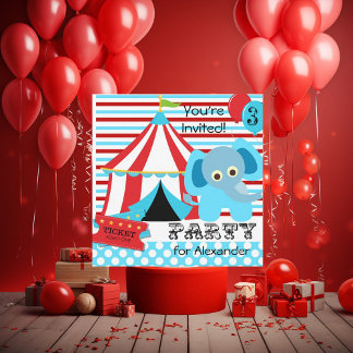 Bjuda, vita och blå cirkus-inbjudningar på födelse inbjudningar