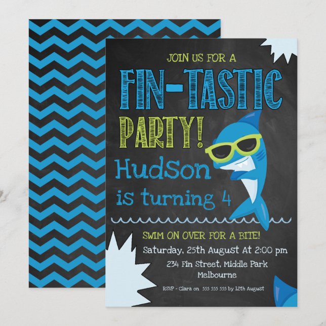 bjudande till kalkbräde Shark Birthday Inbjudningar (Fram/baksida)