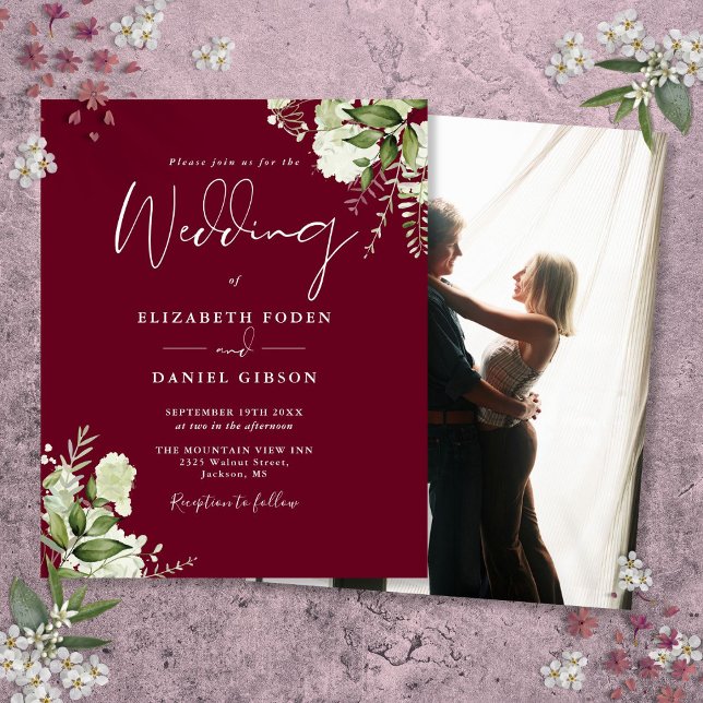 Bjudasbröllop om budgetlöparbete i Burgundy (Budget Foliage Burgundy Photo Wedding Invitation)