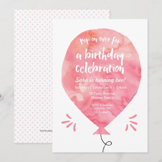 Bjuddagsinbjudan | Rosa Watercolor Balloon Inbjudningar (Fram/baksida)