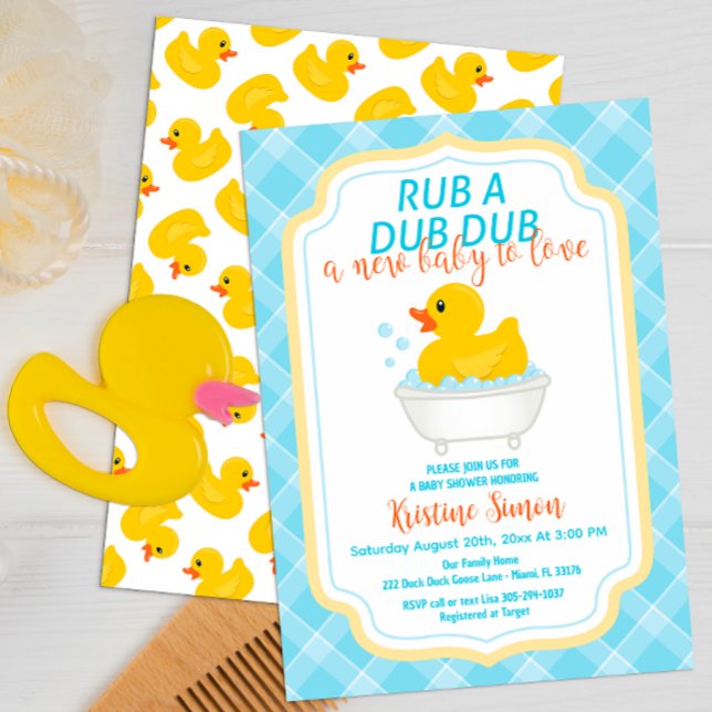 Bjuddrör för gummi-A-Dub-Anka - Blu- Inbjudningar (script typography rubber duck fun baby shower invitation)