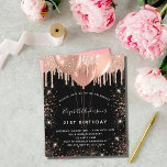 Bjudinbjudan från ro guld<br><div class="desc">En svart bakgrund. Dekorerad med ro guld,   gnistor och ballonger. Anpassa och lägg till uppgifter om namn,  ålder 21 och party. Namn är skrivet med ett handskript i stil</div>