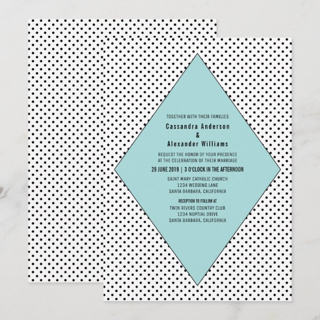 Bjudinbjudan till Aqua Modern Polka dots bröllopsd Inbjudningar (Fram/baksida)