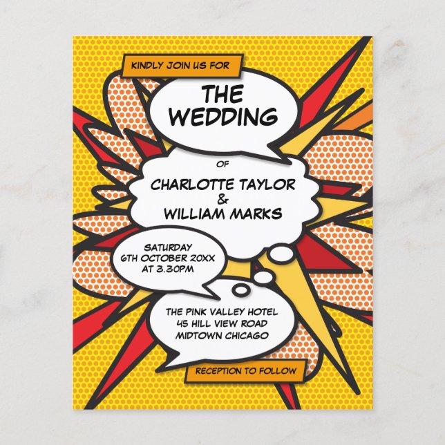 Bjudinbjudan till Bok Pop Art-bröllopsinbjudan i T (Framsida)