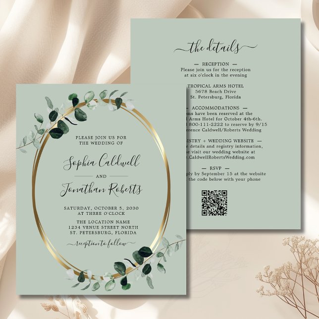 Bjudinbjudan till budgeterat QR-kod för eukalyptus (Budget Eucalyptus Gold Sage QR Code Double Sided All in One Wedding Invitation)