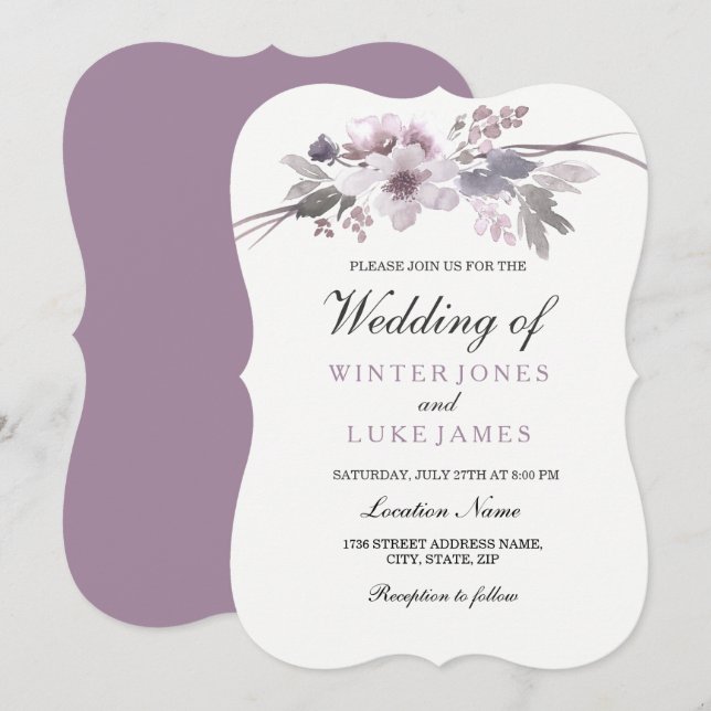 Bjudinbjudan till elegant Lila Grått Blommigt-bröl Inbjudningar (Fram/baksida)