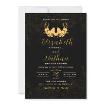 Bjudinbjudan till Eleganten Black Guld Birds Weddi