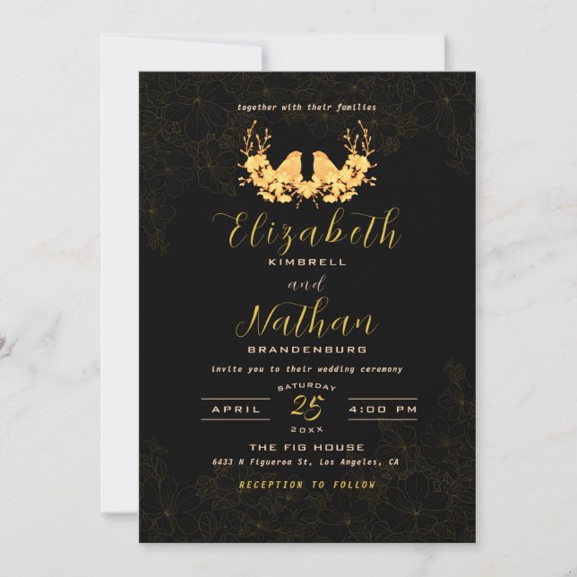 Bjudinbjudan till Eleganten Black Guld Birds Weddi Tack Kort (Framsida)