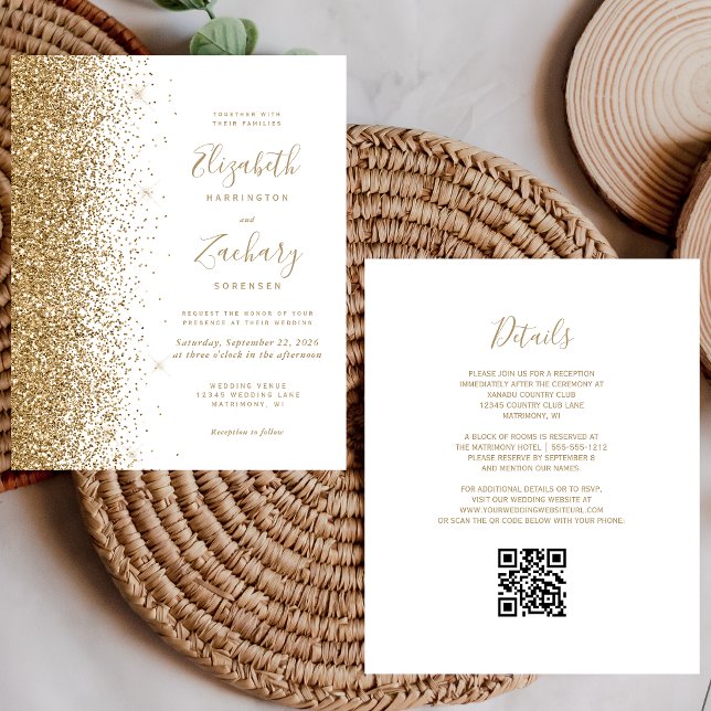 Bjudinbjudan till Guld Glitter White QR Code Weddi (Skapare uppladdad)