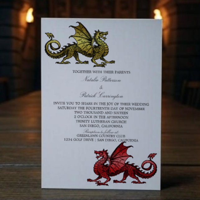 Bjudinbjudan till Guld Red Medieval Dragon Wedding Inbjudningar (Gold Red Medieval Dragon Wedding Invite)