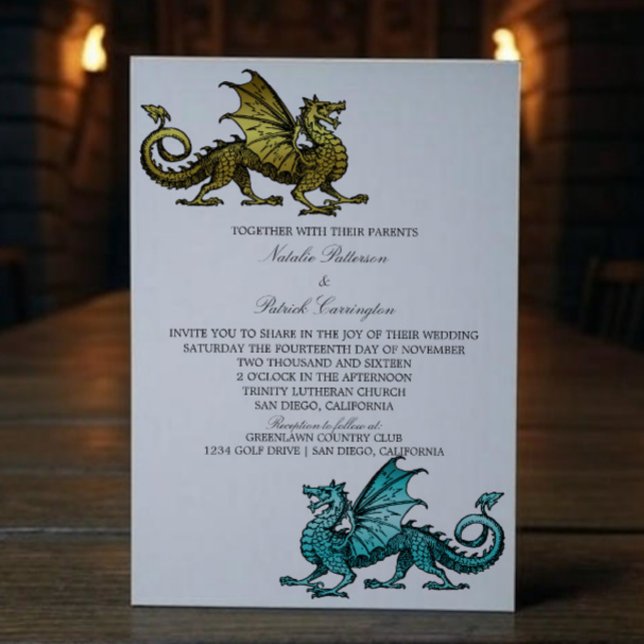 Bjudinbjudan till Guld Teal Dragon Wedding Inbjudningar (Gold Teal Medieval Dragon Wedding Invite)