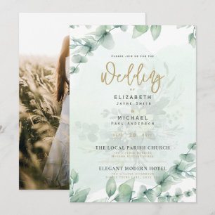 Bjudinbjudan till LeahG Greenery Guld PHOTO-bröllo Inbjudningar