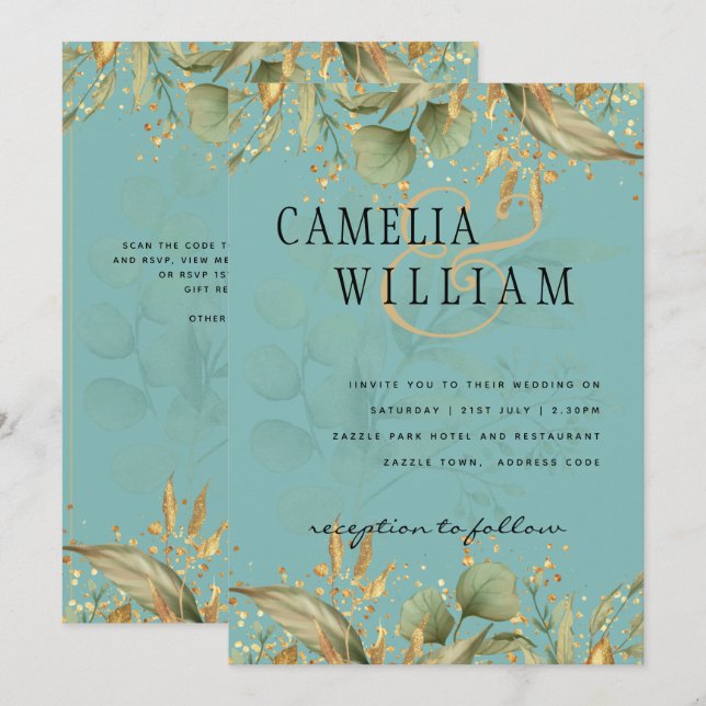 Bjudinbjudan till LeahG Greenery Sea Glass Teal Gu Inbjudningar (Fram/baksida)