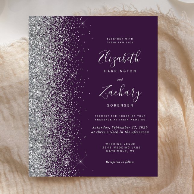 Bjudinbjudan till Mörk Lila Silver Glitter-bröllop (Skapare uppladdad)