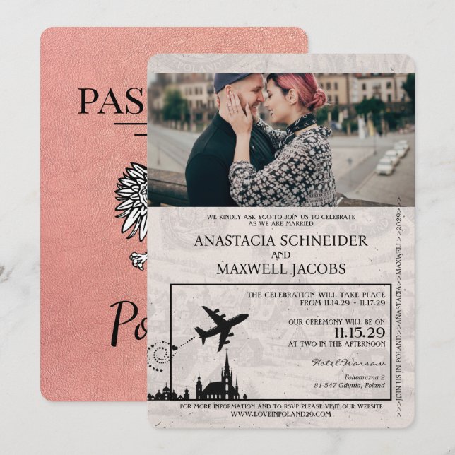 Bjudinbjudan till passbröllop i Ro Guld Polen Inbjudningar (Fram/baksida)
