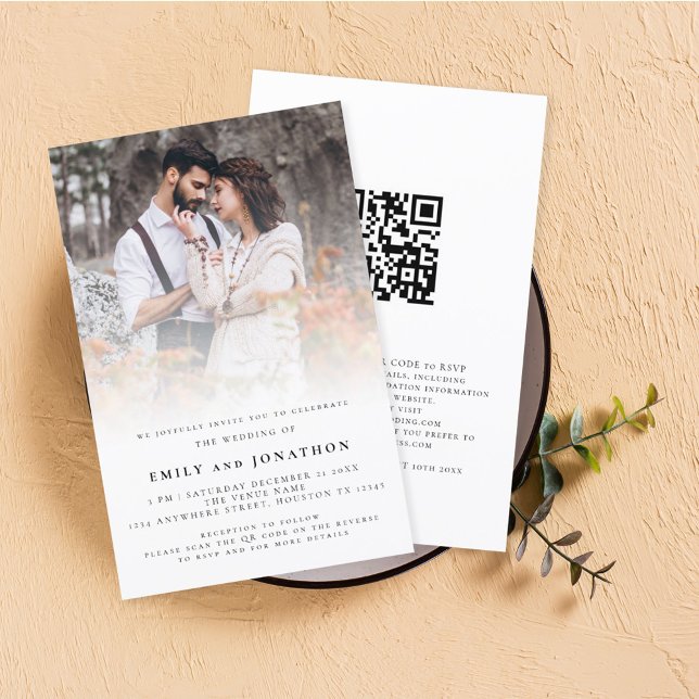 Bjudinbjudan till QR-kod för budgetfotoöverlägg (Front and back view, luxury foil printing)