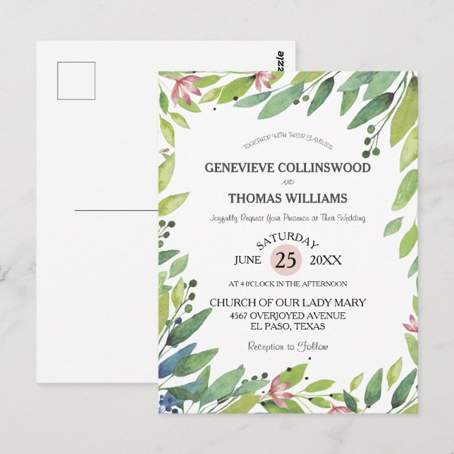 Bjudinbjudan till Söt Vår Botanical  Rosa bröllops Vykort (Fram/baksida)