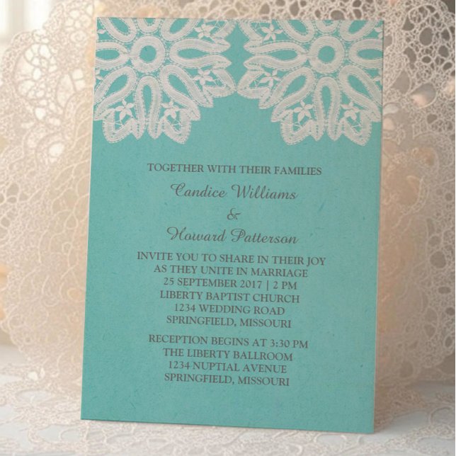 Bjudinbjudan till Turcouise Elegant Snöre bröllops Inbjudningar (Turquoise Elegant Lace Wedding Invite)