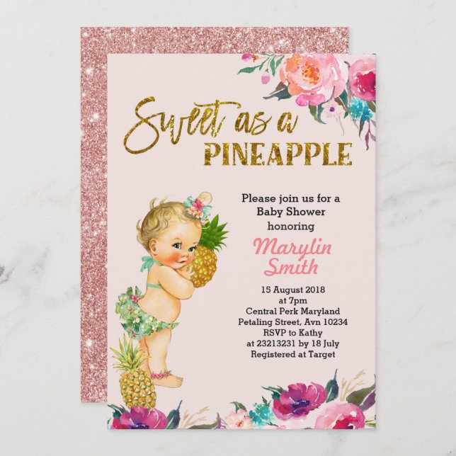 Bjudning av ananas för spädbarn i ro Guld Inbjudningar (Fram/baksida)