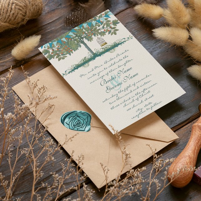 Bjudning av fågelbröllop i Teal och Aqua Bunting T Inbjudningar (Skapare uppladdad)