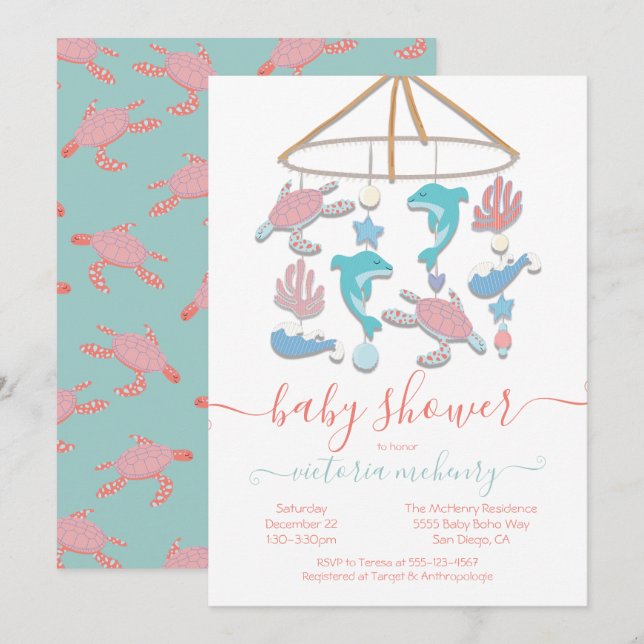 Bjudning av Sea Turtle Dolphin Mobile Baby Shower- Inbjudningar (Fram/baksida)