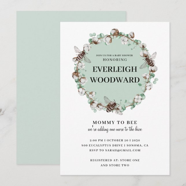 Bjudning i mintgrön till baby shower för bin inbjudningar (Fram/baksida)