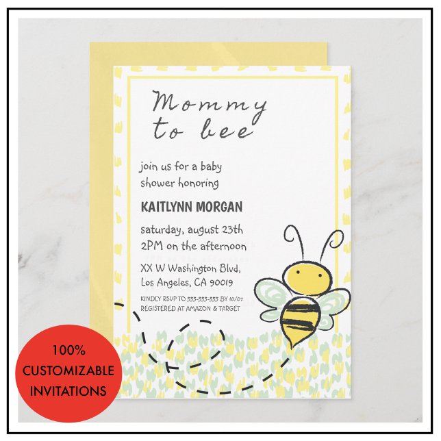 Bjudningskort till bigestrav med bina, könsneutral inbjudningar (Bee baby shower invitations gender neutral yellow)