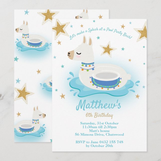 Bjudningsorgan för födelsedagen i Llama Bassäng Pa Inbjudningar (Fram/baksida)