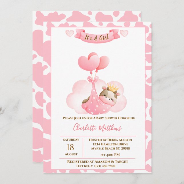 Bjukbarkerinbjudan till Cute Cow Cloud Balloons Ba Inbjudningar (Fram/baksida)