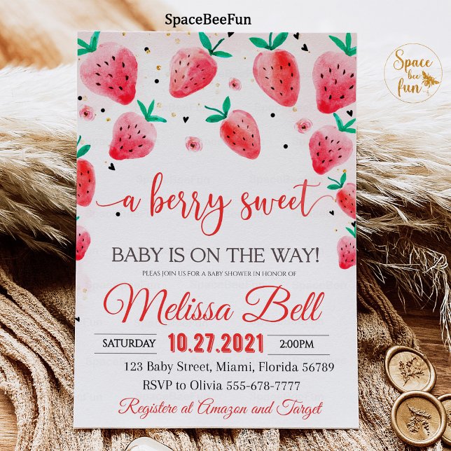 Bjukblåsbildsinbjudan Berry Sweet Baby Inbjudningar (Berry Baby shower Invitation,Strawberry Baby Shower Invites,Berry Sweet Baby on the way,Girl Baby sh)