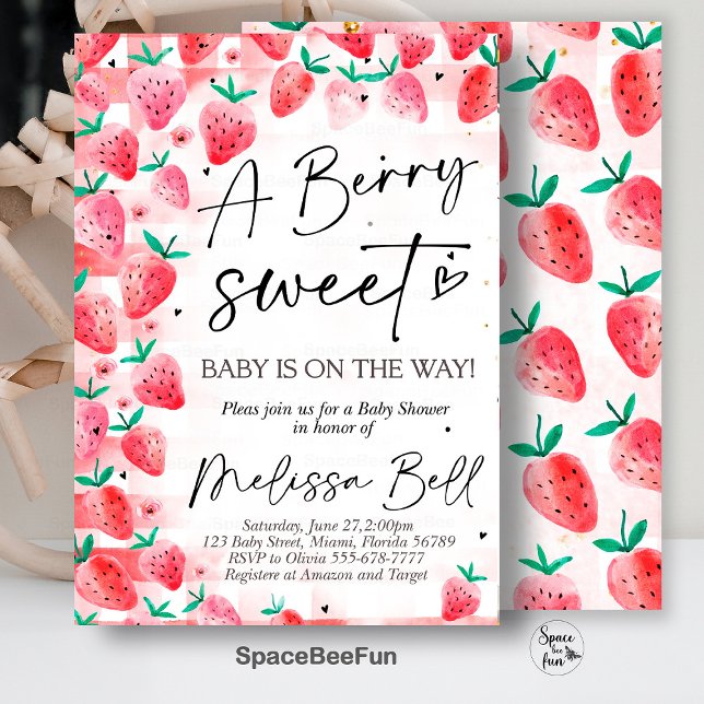 Bjukblåsbildsinbjudan Berry Sweet Baby Inbjudningar (Strawberry invites,Baby Shower,Invitation,Berry Sweet,Baby on the way,Girl Baby,shower Invite,)