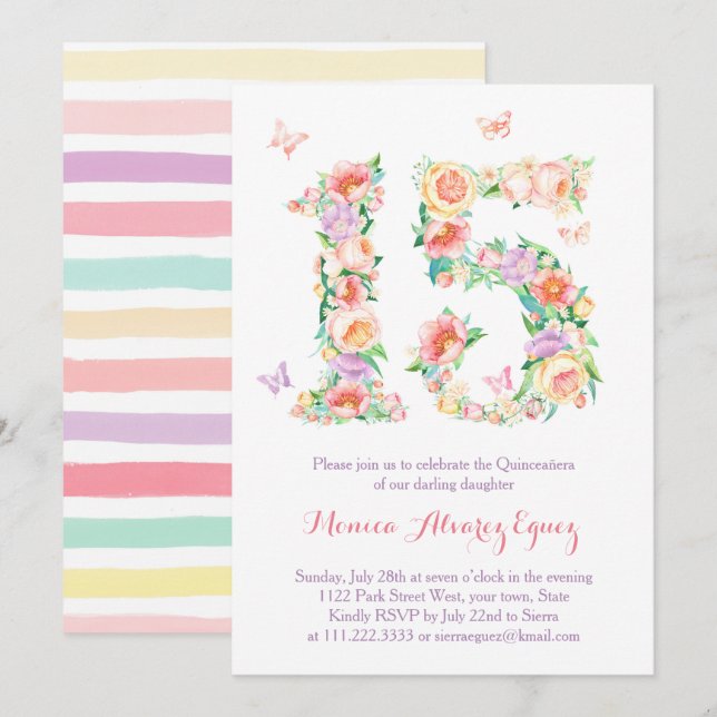 Bjukfiskar Quinceañera con mariposas butterflies Inbjudningar (Fram/baksida)