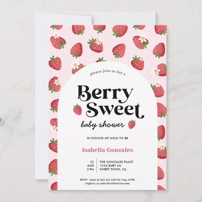 Bjukinbjudan till Berry Sweet Strawberry Baby Show Inbjudningar (Framsida)